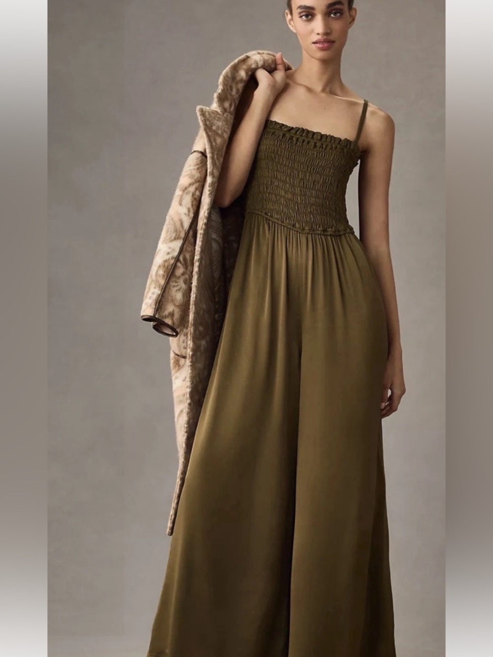 Anthropologie Pilcro Smocked Wide Leg Jumpsuit Women's Size Medium Silky Green